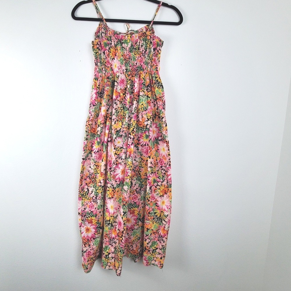 Tropical Floral Smocked Cotton Midi Dress Pink Yellow Green XS